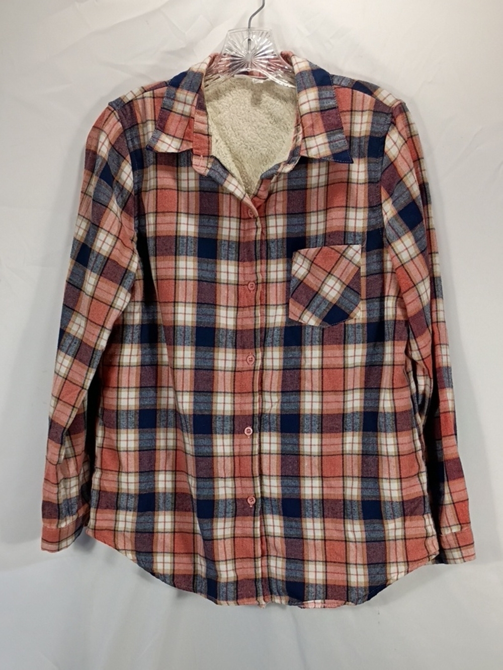 EUC Steve Madden Plush Lined Plaid Button Up Shirt Pink & Navy Size Small Winter